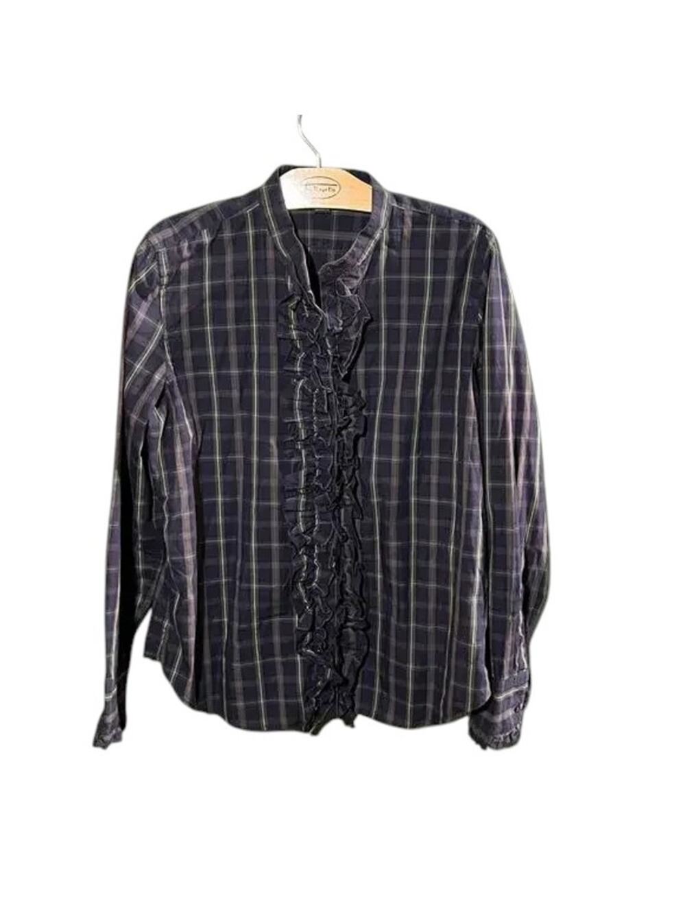 Chaps womens XL blue Plaid Ruffle Front Cotton Shirt Long Sleeve